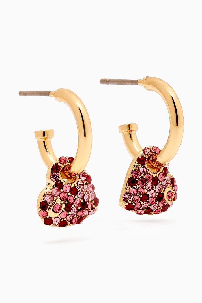 Pave Heart Charm Huggie Earrings, Pink