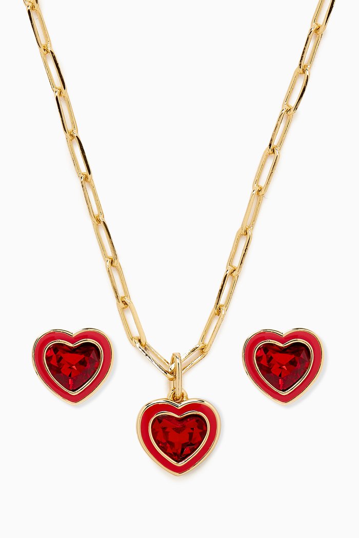 Enamel Heart Earrings & Necklace Set, Red