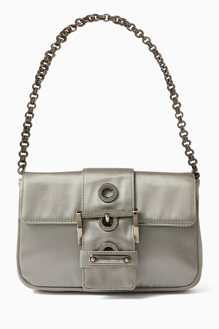 Pre-owned Buckle Chain Shoulder Bag in Satin, Grey