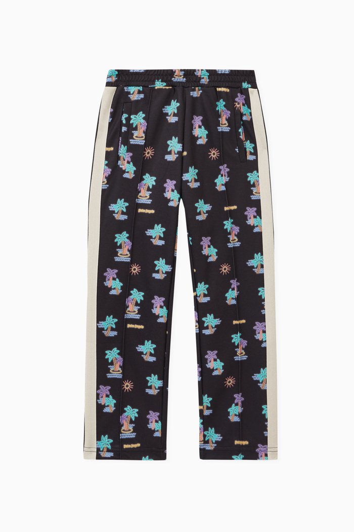 Neon Palms Print Track Pants in Jersey Fleece, Black
