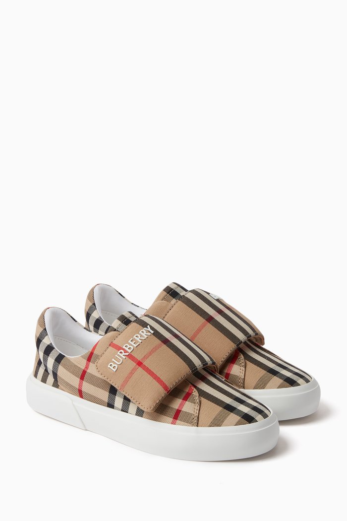 Check Sneakers in Cotton Canvas, Neutral