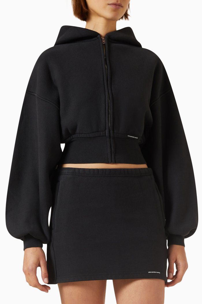 

Zip-up Crop Hoodie in Cotton-terry, Black