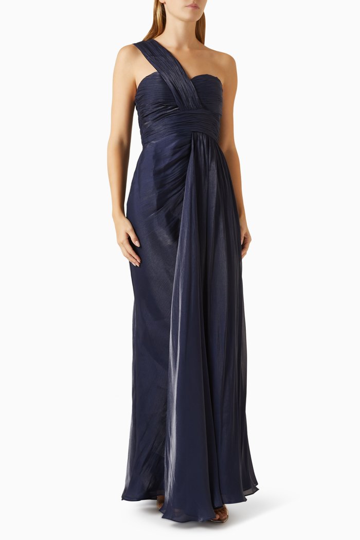 One-shoulder Pleated Chiffon Evening Gown in Polyester, Blue