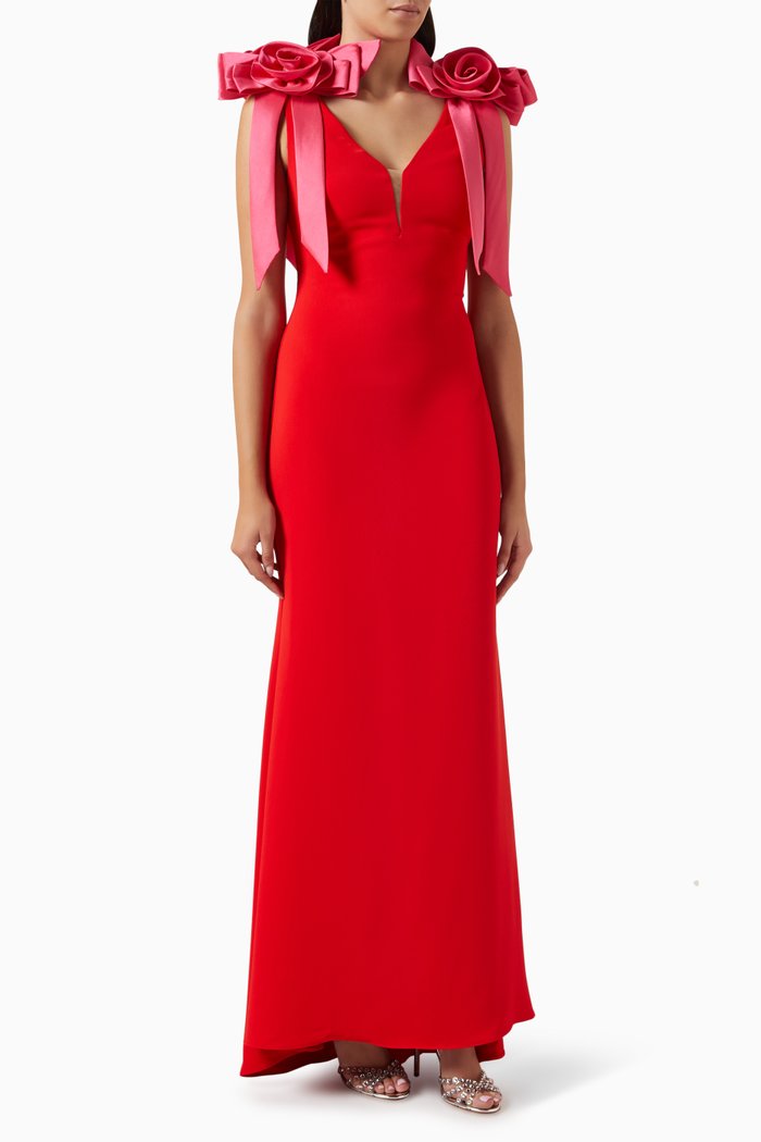 

Two-tone Rosette Column Gown in Crepe, Red