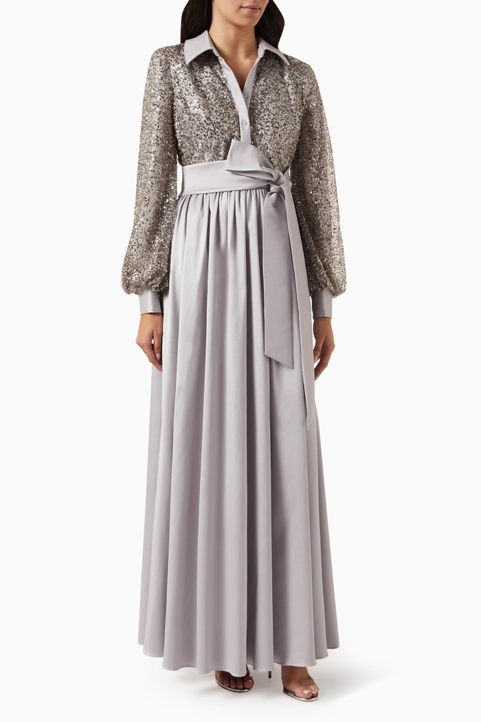

Bead-embellished Shirt Dress in Mikado, Grey