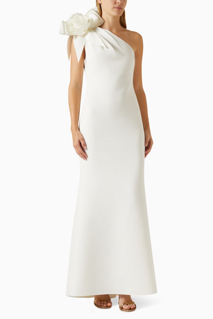 One-shoulder Rosette Column Gown in Scuba, Neutral
