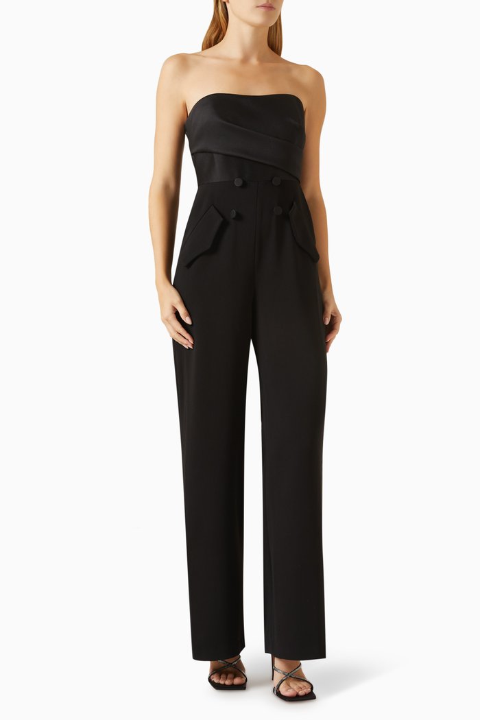 Strapless Tuxedo-Style Jumpsuit in Stretch Crepe, Black