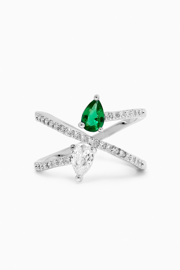 

Pave X Wrap Pear Ring in Rhodium-plated Brass, Green