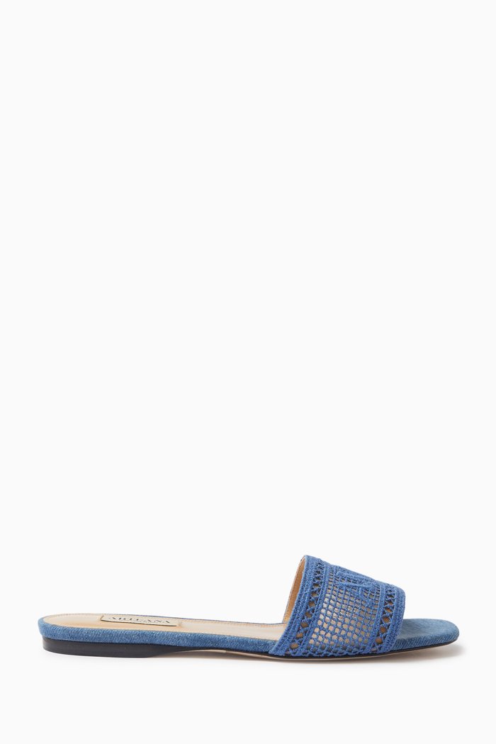 

Roma Flat Slides in Organic Cotton Lace & Denim, Blue