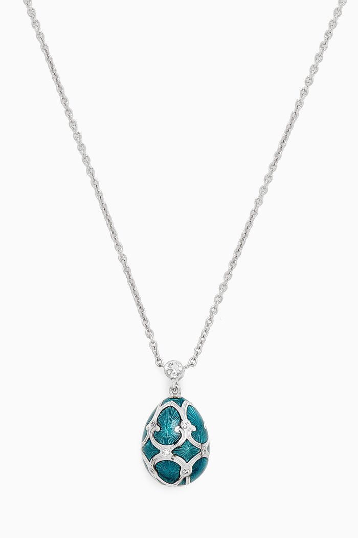 

Guilloché Enamel & Diamond Petite Egg Pendant Necklace in 18kt White Gold, Blue