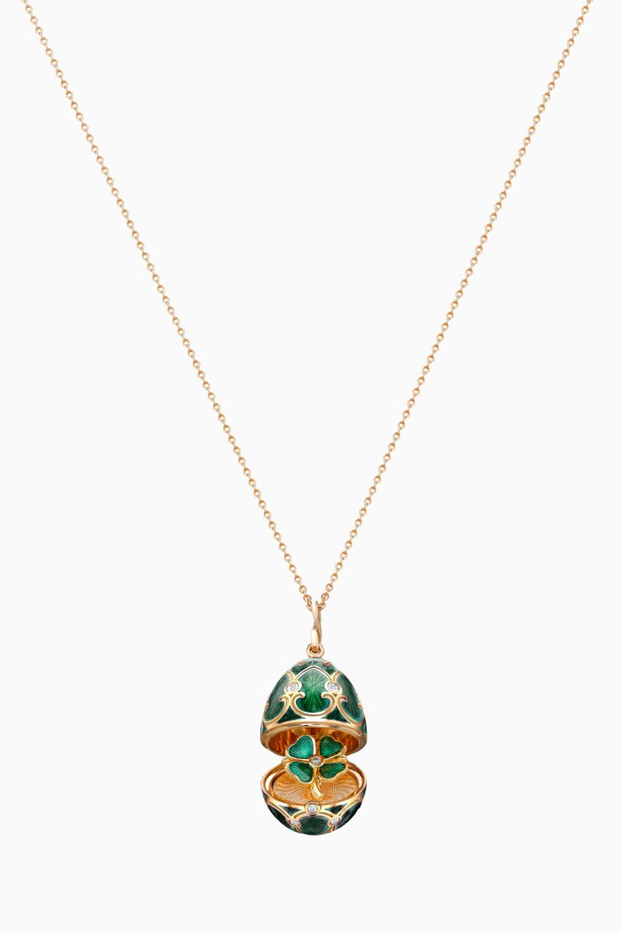 

Heritage Diamond & Guilloché Clover Locket Necklace in 18kt Gold, Green