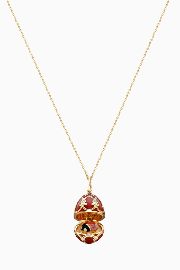 

Heritage Diamond & Guilloché Ladybird Locket Necklace in 18kt Gold, Red