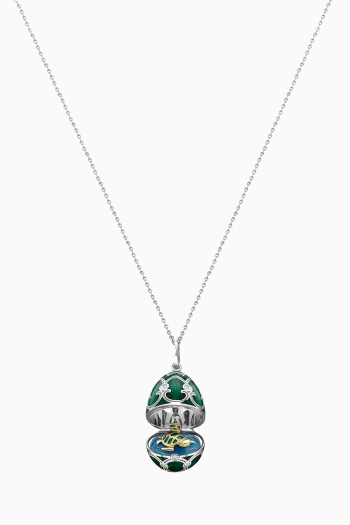

Heritage Diamond & Guilloché Turtle Locket Necklace in 18kt White Gold, Green
