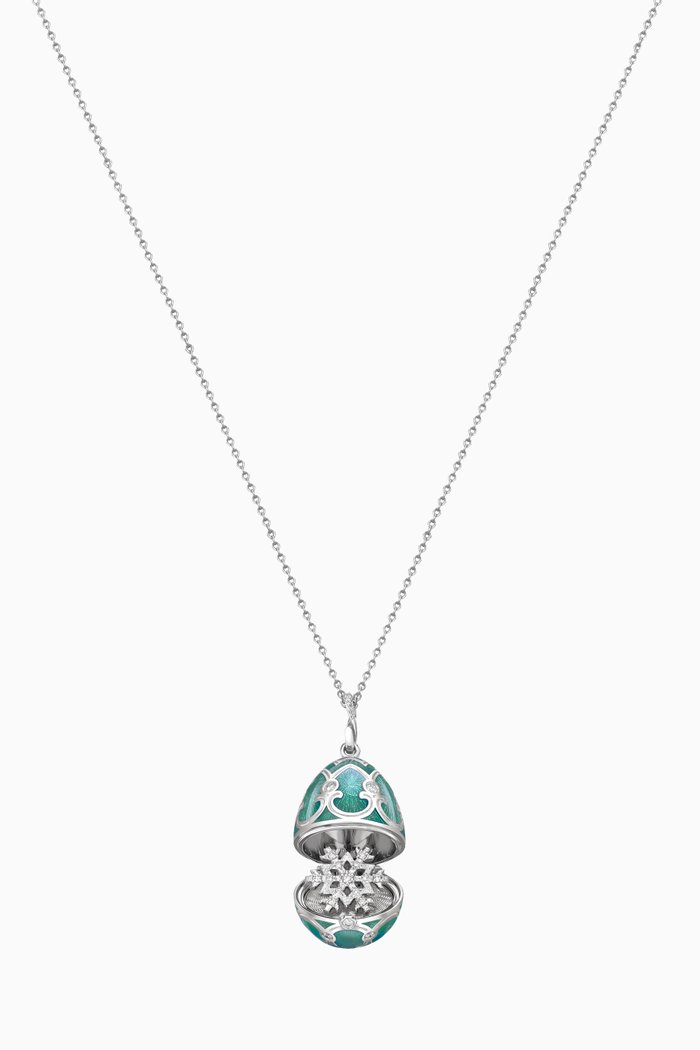 

Heritage Diamond & Guilloché Snowflake Locket Necklace in 18kt White Gold, Blue