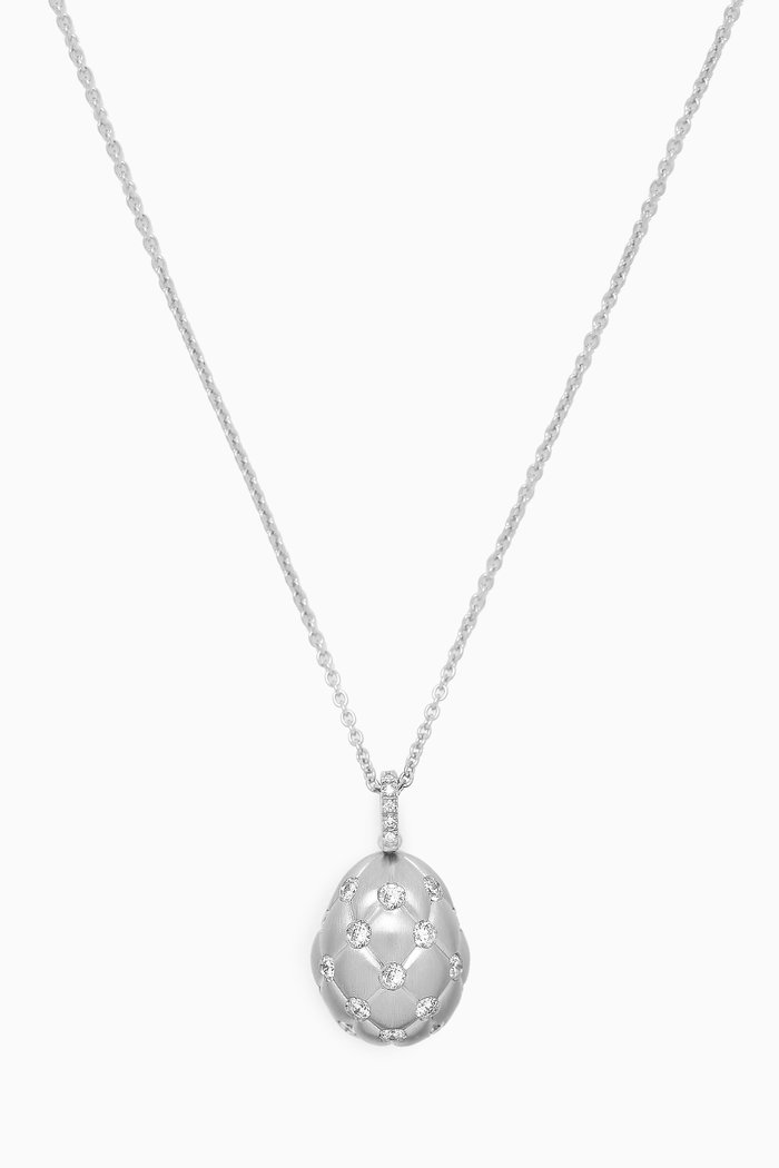

Treillage Brushed Diamond Egg Necklace in 18kt White Gold, Colourless