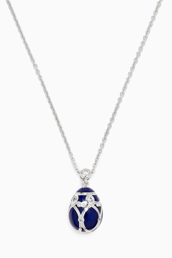 

Heritage Diamond & Guilloché Egg Necklace in 18kt White Gold, Blue