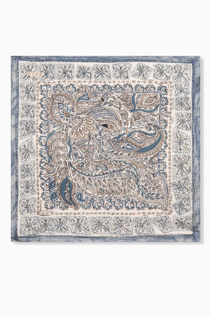 

Paisley Print Pocket Square in Oxford Silk, Blue