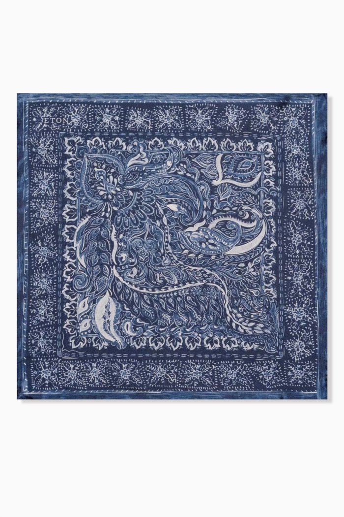 

Paisley Print Pocket Square in Oxford Silk, Blue