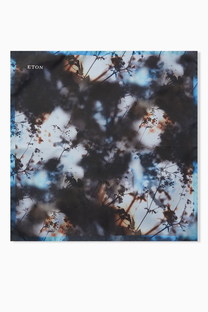 

Floral Print Pocket Square in Silk Twill, Blue