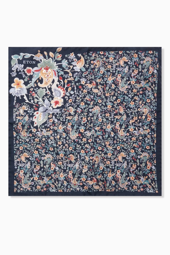 

Floral Print Pocket Square in Silk Twill, Blue