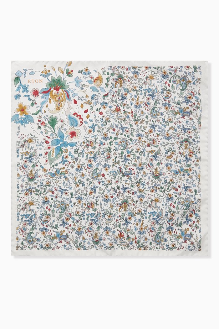 

Floral Print Pocket Square in Silk Twill, White