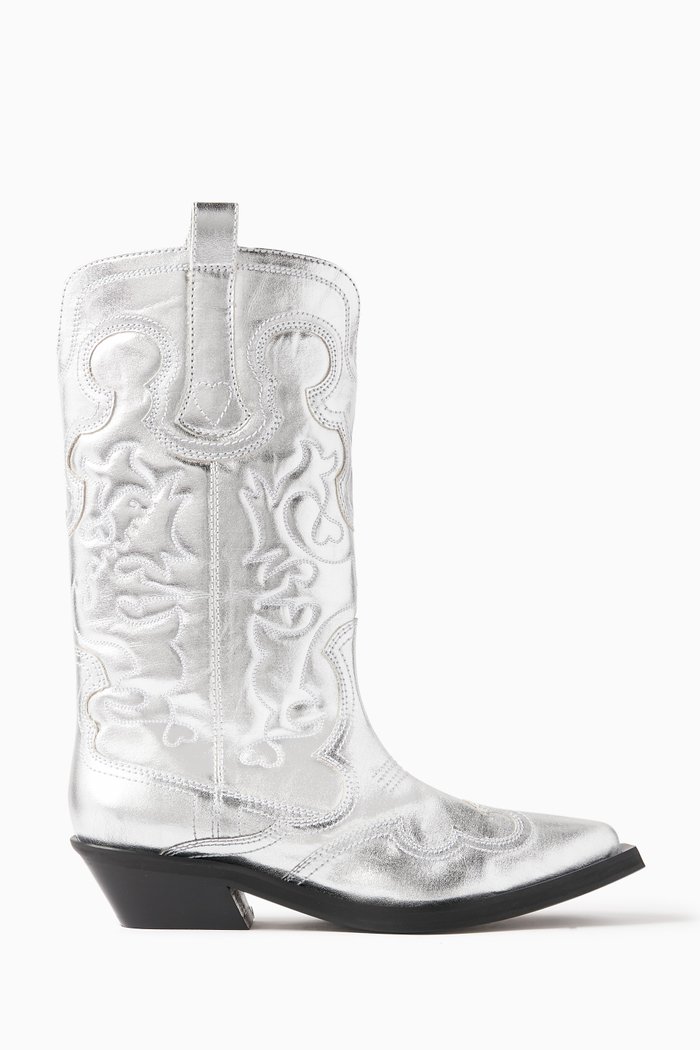 

Mid-shaft Embroidered Western Boots, Silver