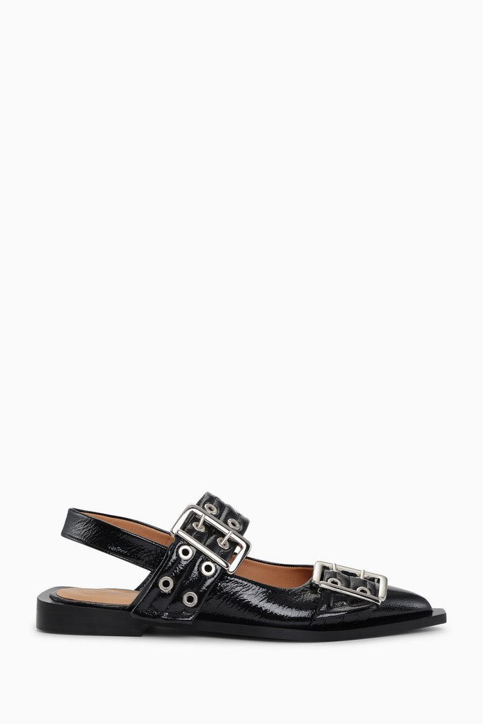

Chunky Buckle Ballerina Flats in Patent Leather, Black