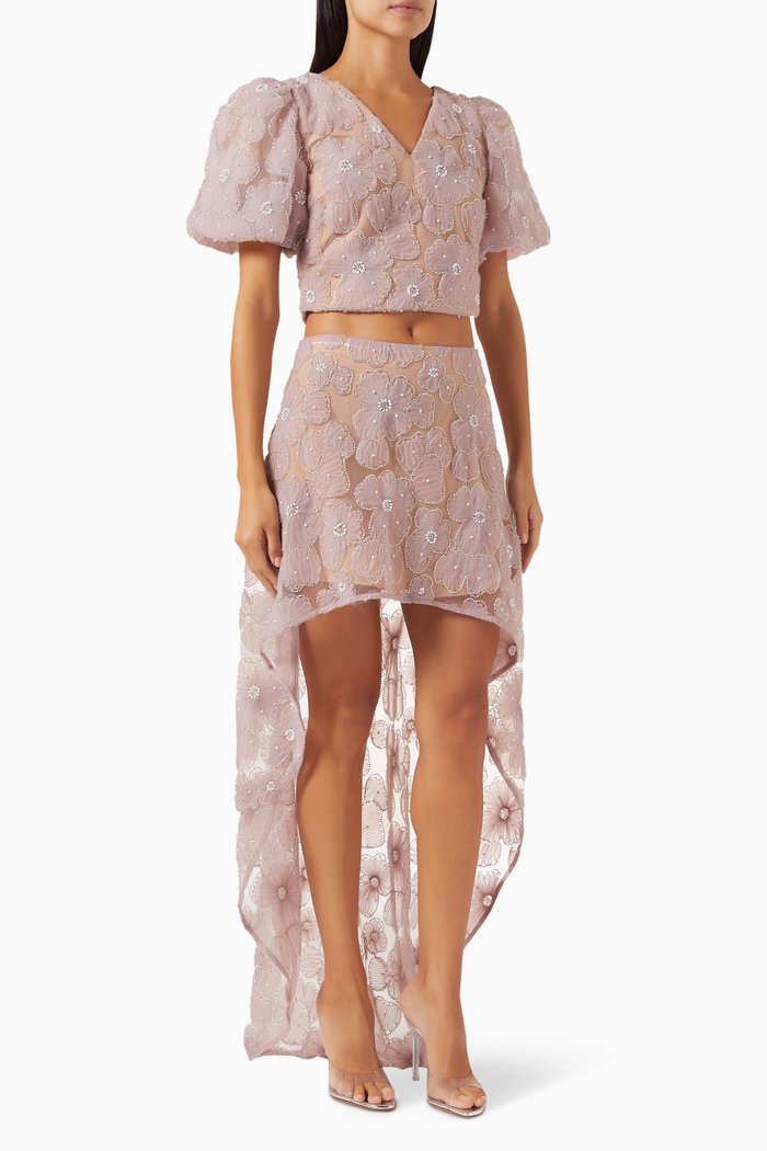 

Indira Floral Top & Skirt Set in Mesh, Pink