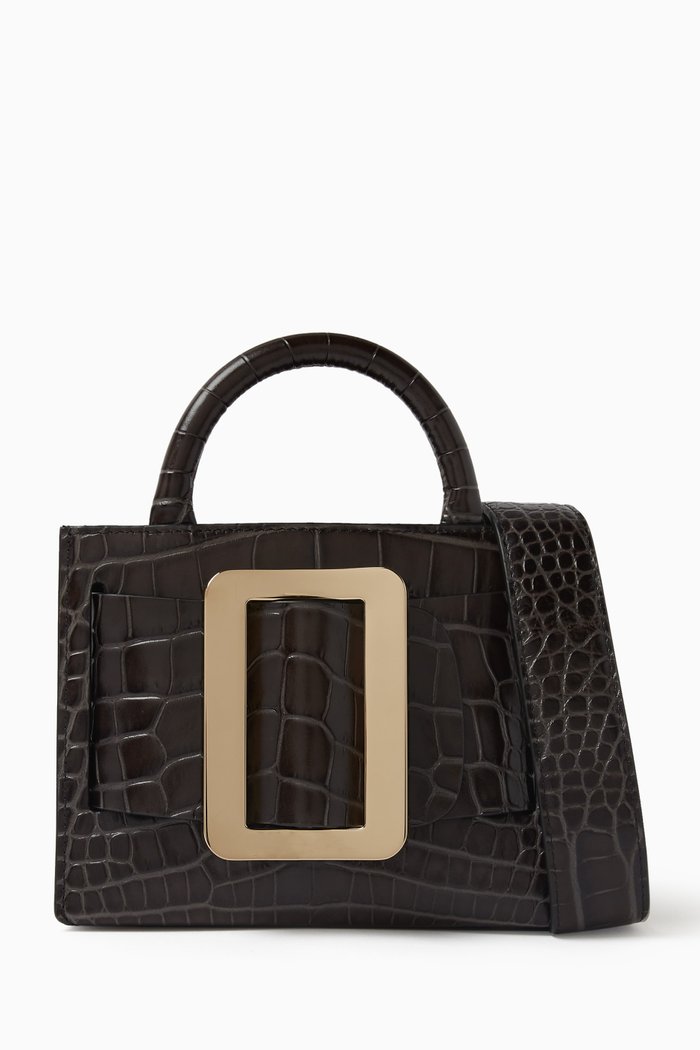 

Mini Bobby Tote Bag in Croc-Embossed Leather, Black