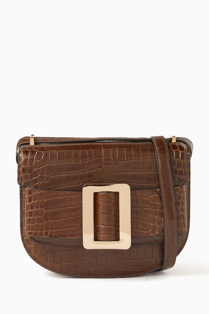 

Buckle Saddle Bag in Croc-embossed Calfskin Leather, Brown
