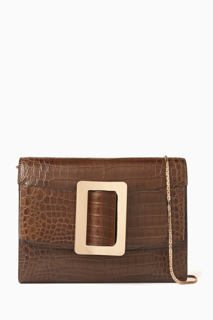

Exclusive Buckle Travel Case Crossbody Bag in Croc-embossed Calfskin Leather, Brown