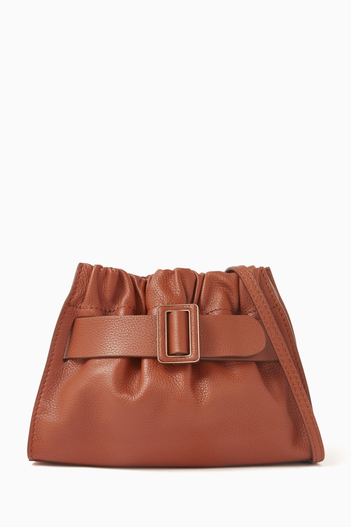 

Square Scrunchy Soft Pouch Shoulder Bag in Grained Leather, Brown