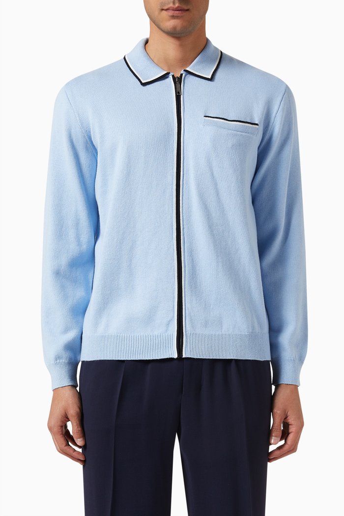 

Saji Zip Polo Sweater in Cotton-blend, Blue