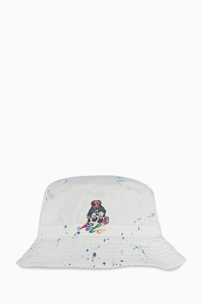 

Paint-splatter Polo Bear Bucket Hat in Cotton, White