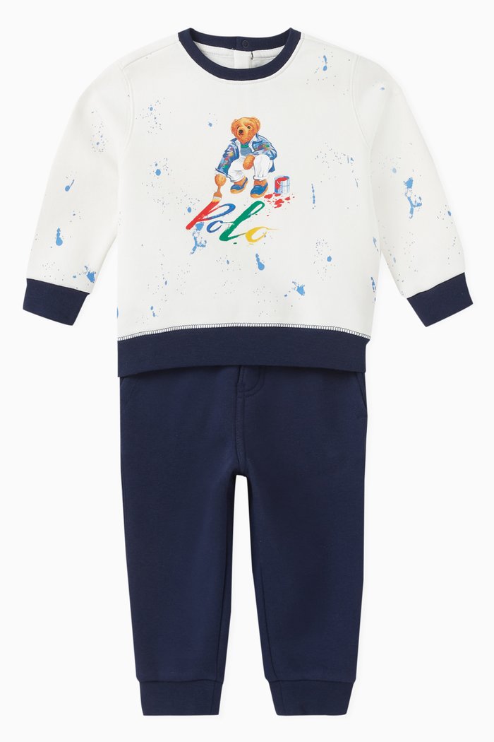 Bear Print Top and Pants Set in Cotton, White