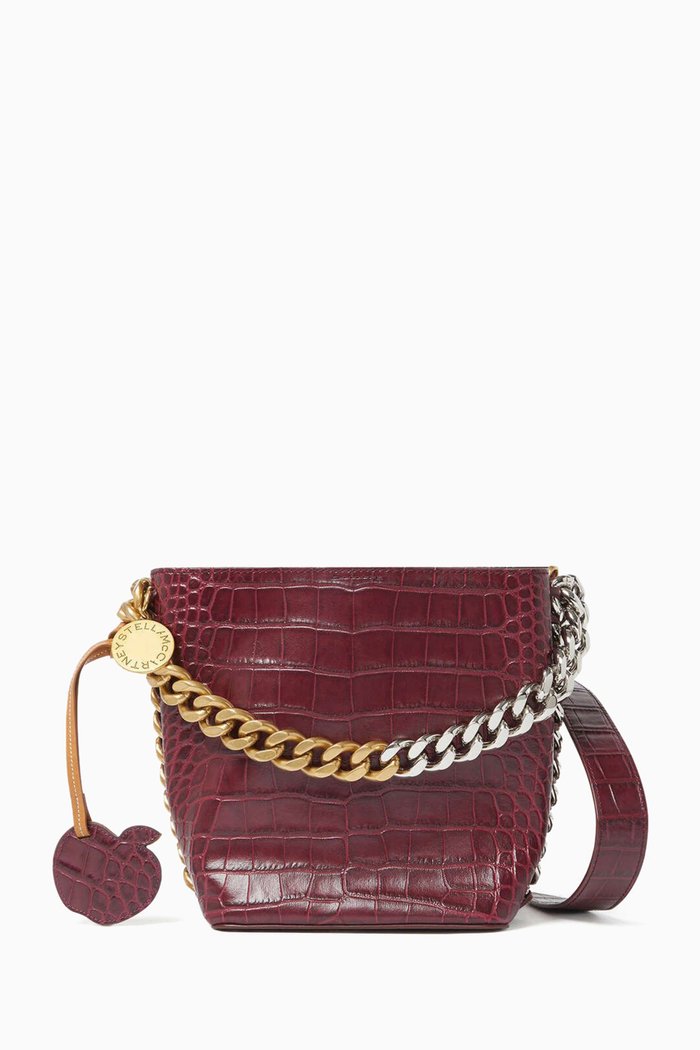

Croc-embossed Bucket Bag in Faux Leather, Burgundy