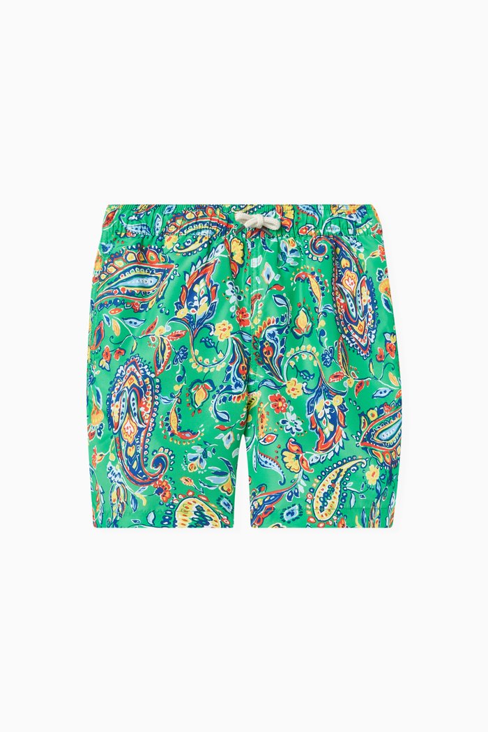 

Traveler Embroidered Swim Trunks in Polyester, Green