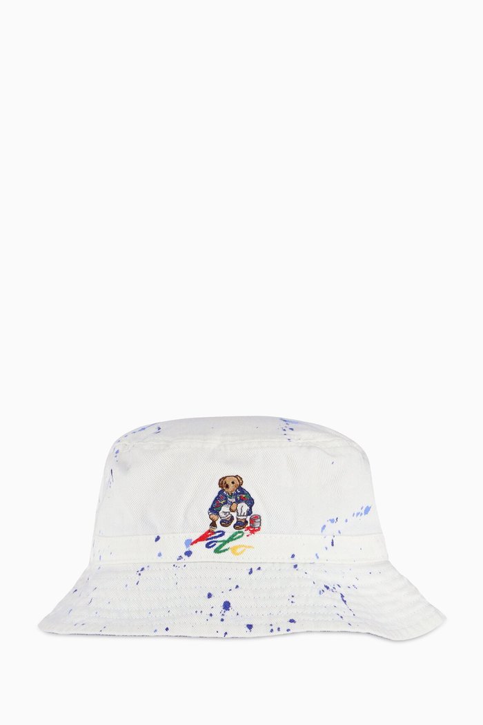 

Paint-splatter Polo Bear Bucket Hat in Cotton, White