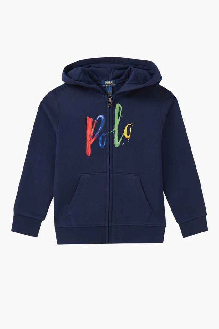 Logo Print Zip-up Hoodie in Cotton, Blue