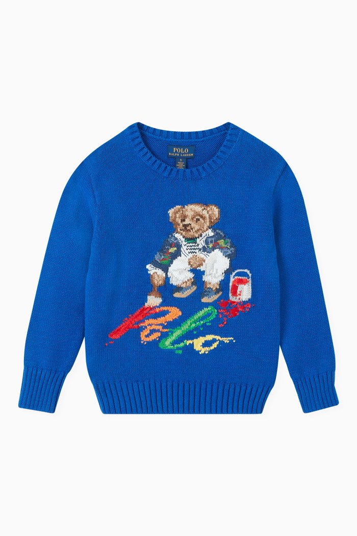 

Embroidered Bear Sweater in Cotton, Blue