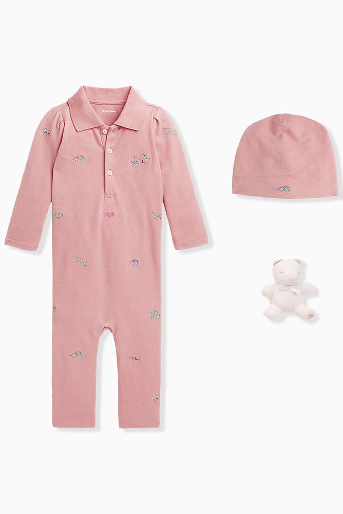 Floral-embroidered Gift Set in Cotton, Pink
