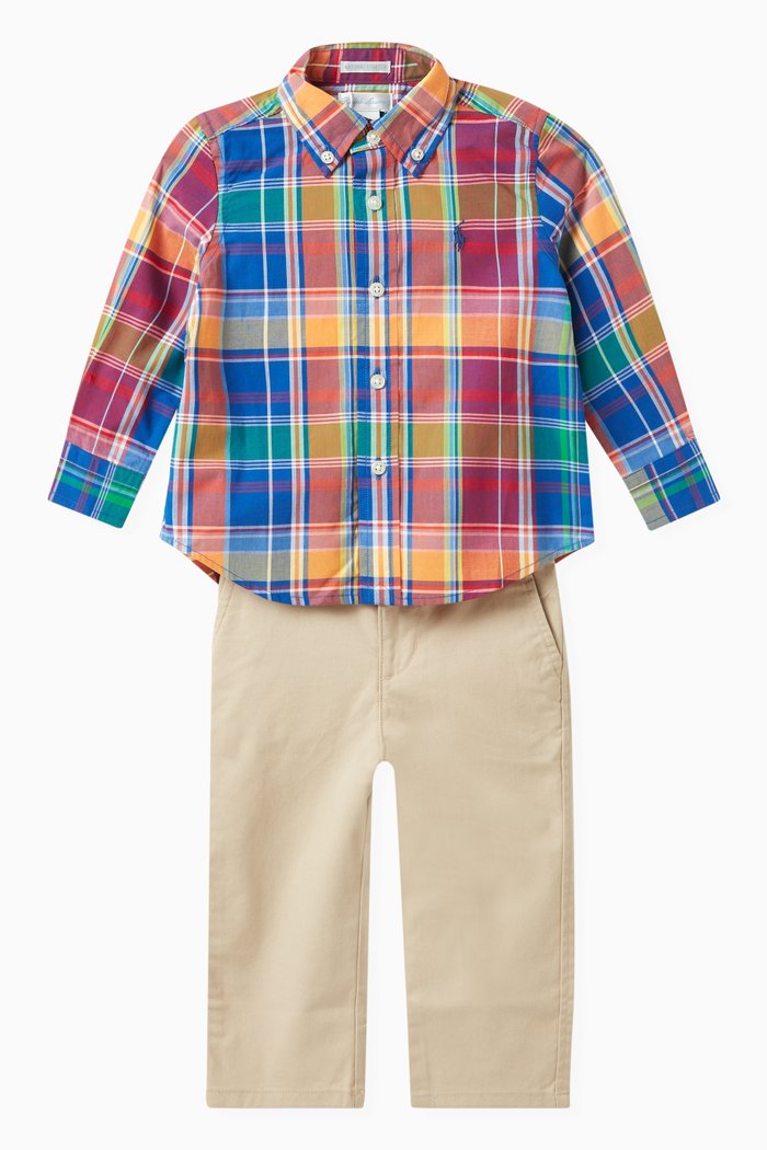 

Checkered Shirt and Pants Set in Cotton Poplin, Multicolour