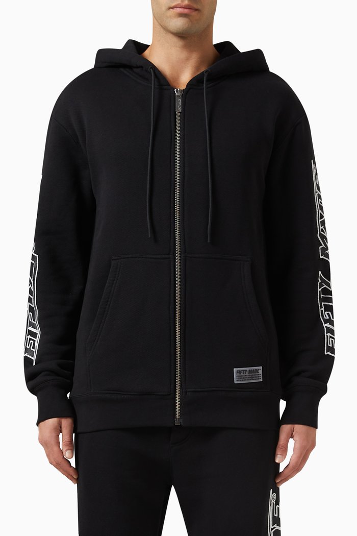 Embroidered Logo Zip Hoodie in Organic Cotton, Black