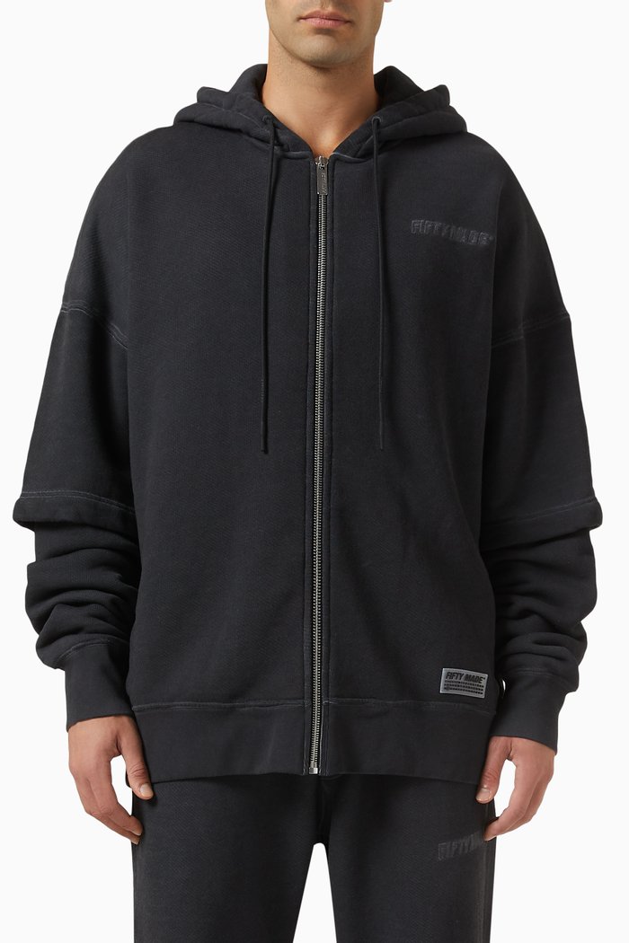 

Oversized Vintage Zip Hoodie in Organic Cotton, Black