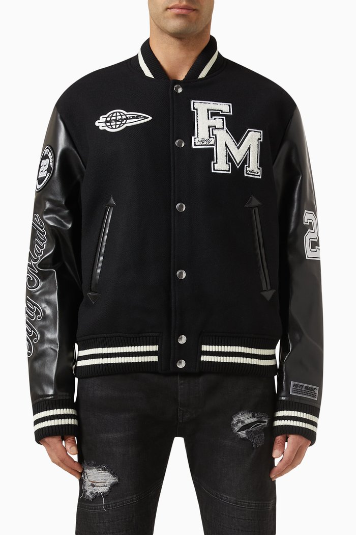 

Varsity Logo-patch Jacket in Wool-blend & Faux-leather, Black