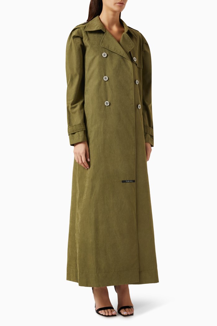 

Olive Trench Coat Abaya in Crepe-velvet, Green