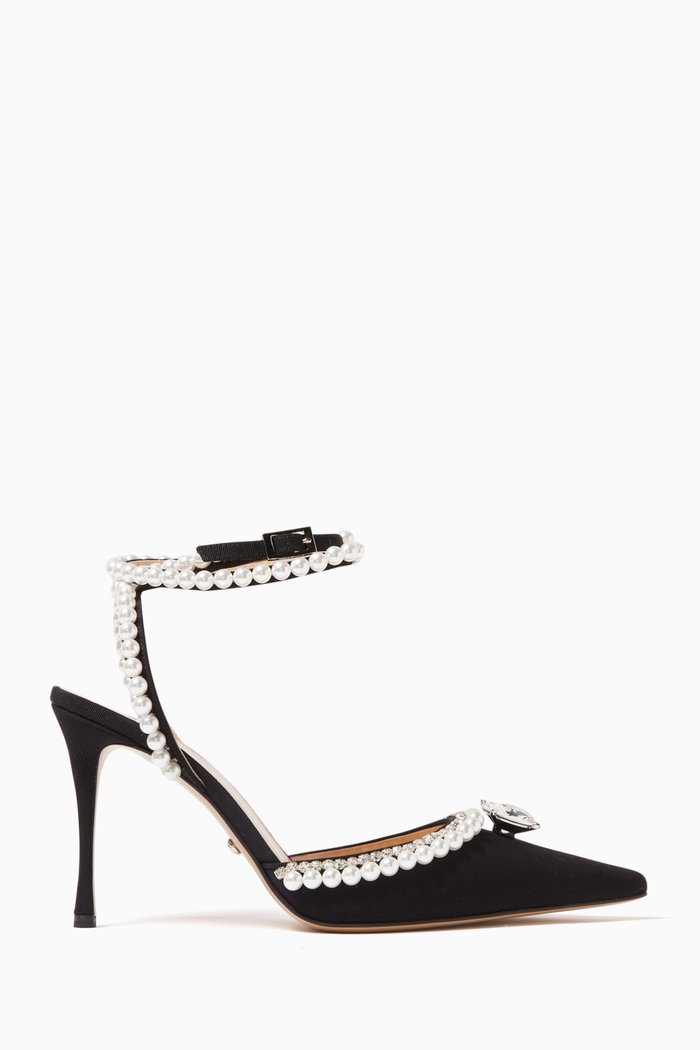 

Elizabeth Pearl & Crystal Embellished Pumps in Satin, Black