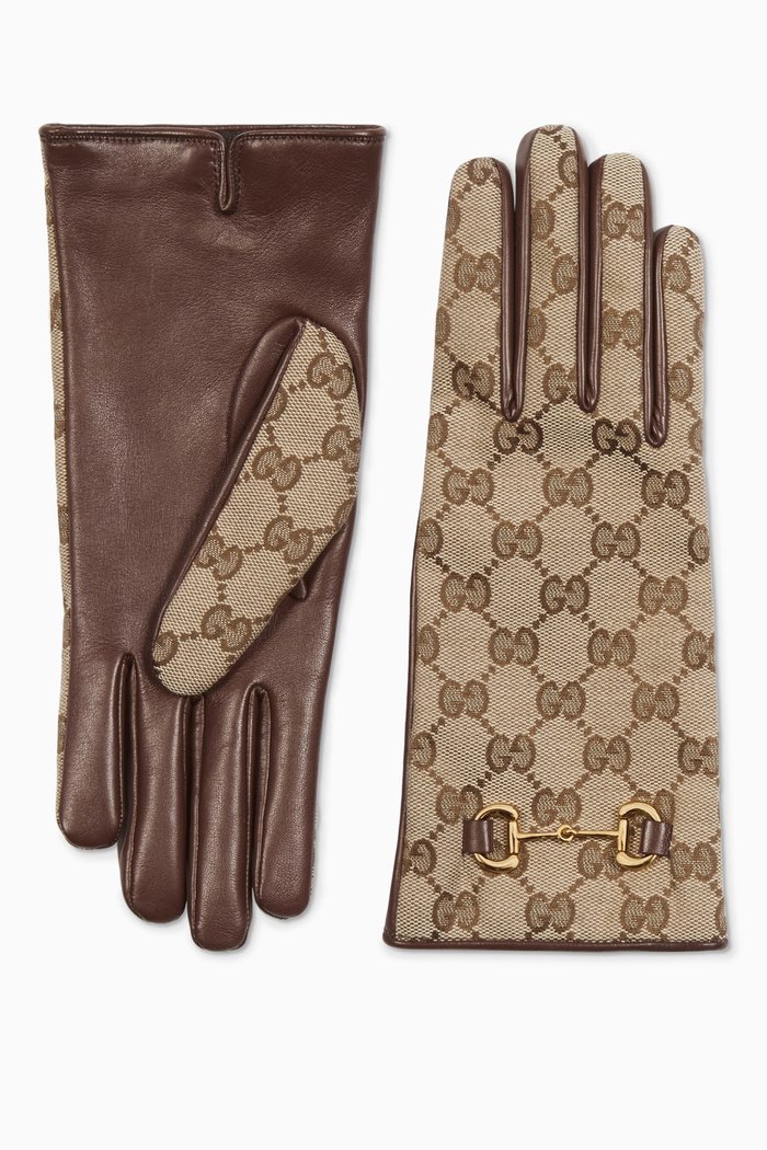 

Horsebit Gloves in GG Canvas & Leather, Brown