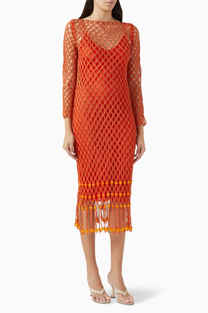 

Nira Midi Dress in Macramé, Orange
