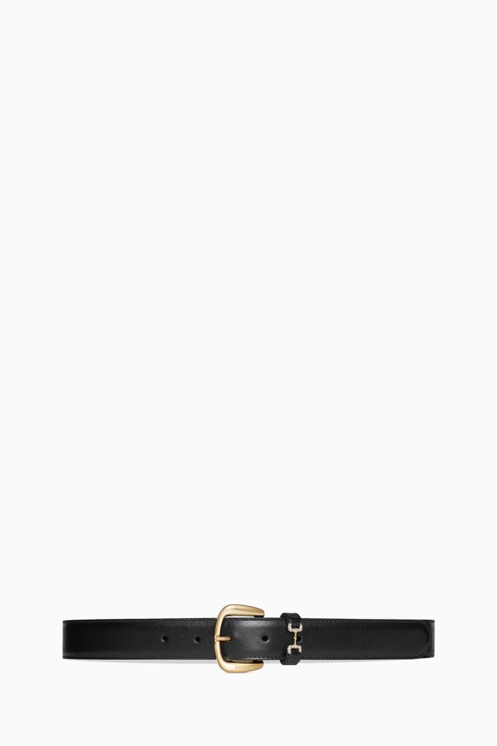 Crystal-embellished Horsebit Belt in Leather, Black